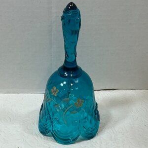 VTG Hand-Painted Fenton Teal Blue Bow & Drape Glass Bell Signed 6.5"x3"